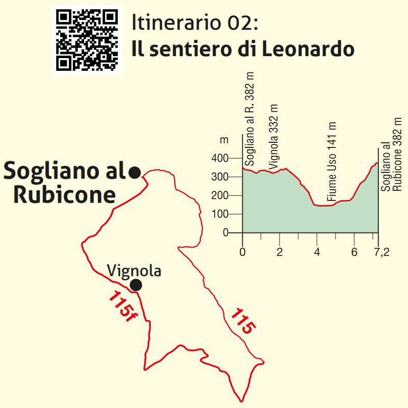 Visit Sogliano al Rubicone - Itinerari e Trekking - I Sentieri dell'Alto Rubicone - Il Sentiero di Leonardo - Piantina e QRCode