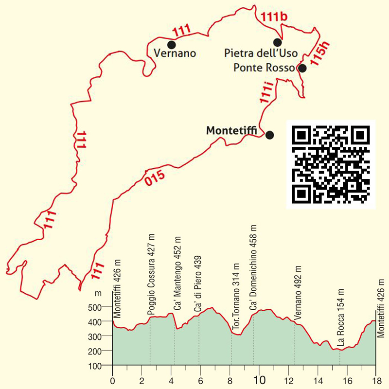 Visit Sogliano al Rubicone - Itinerari e Trekking - I Sentieri dell'Alto Rubicone - Teglie di Montetiffi - Piantina e QRCode